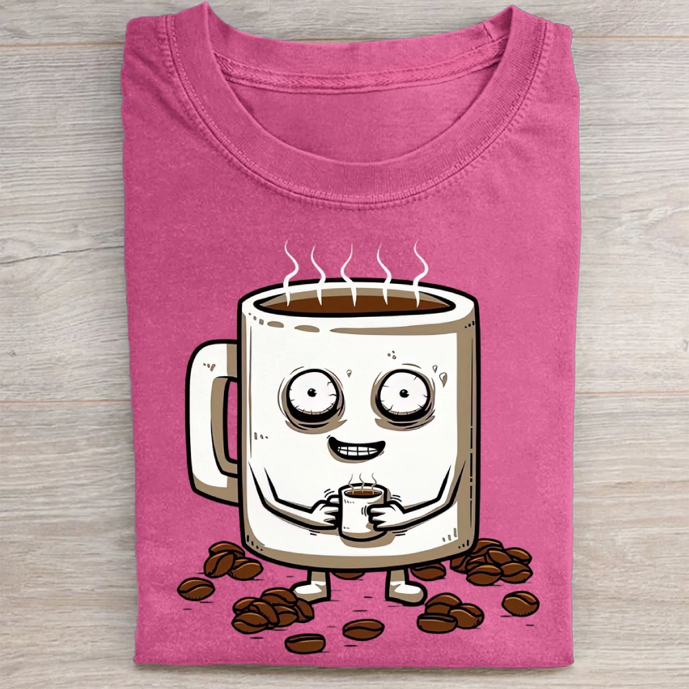 Funny Crazy Coffee Mug Cartoon Washed Tee 