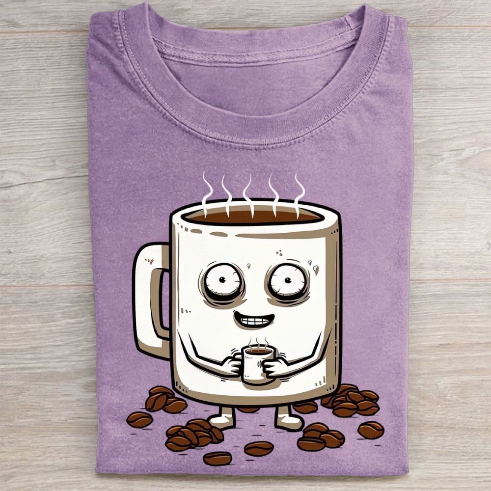 Funny Crazy Coffee Mug Cartoon Washed Tee 