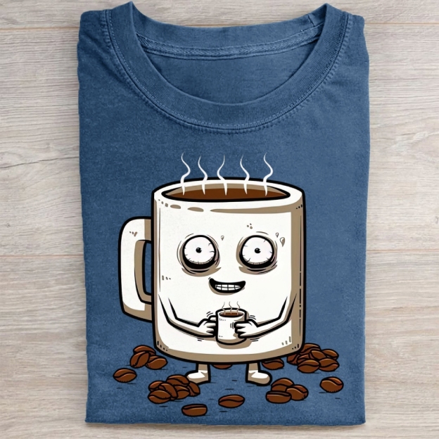 Funny Crazy Coffee Mug Cartoon Washed Tee 