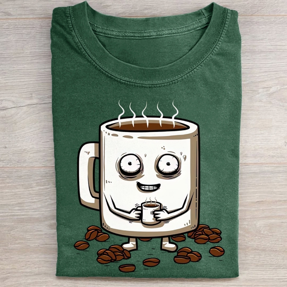 Funny Crazy Coffee Mug Cartoon Washed Tee 