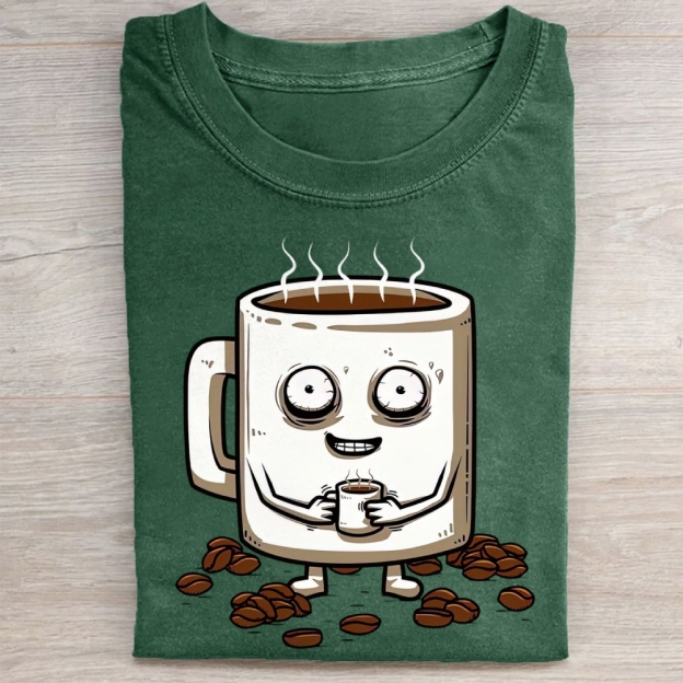 Funny Crazy Coffee Mug Cartoon Washed Tee 