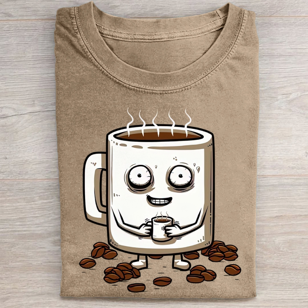 Funny Crazy Coffee Mug Cartoon Washed Tee 