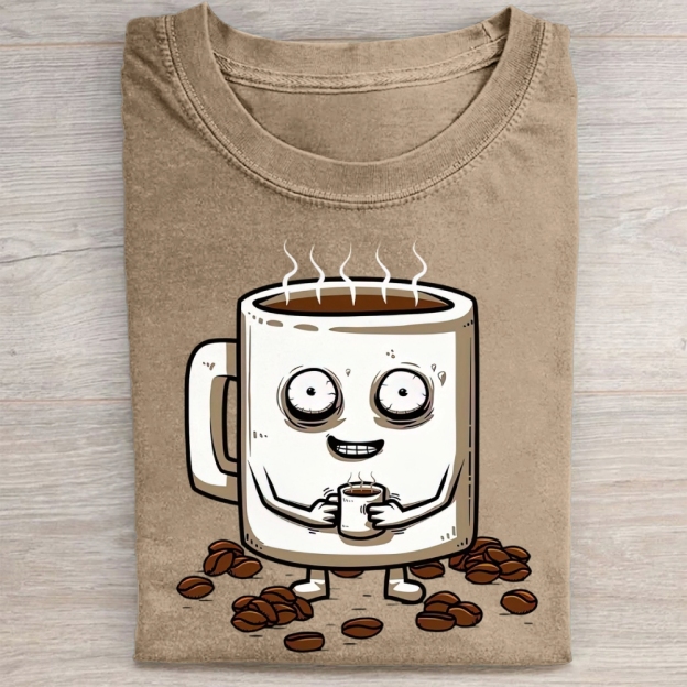 Funny Crazy Coffee Mug Cartoon Washed Tee 