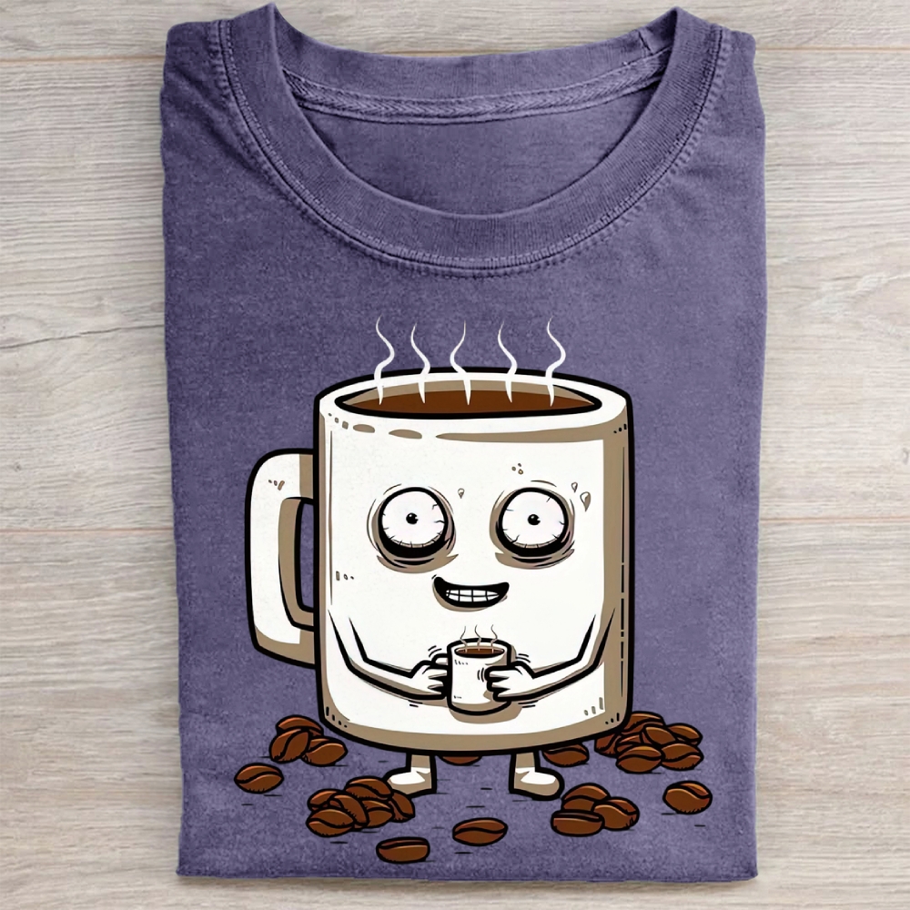 Funny Crazy Coffee Mug Cartoon Washed Tee 