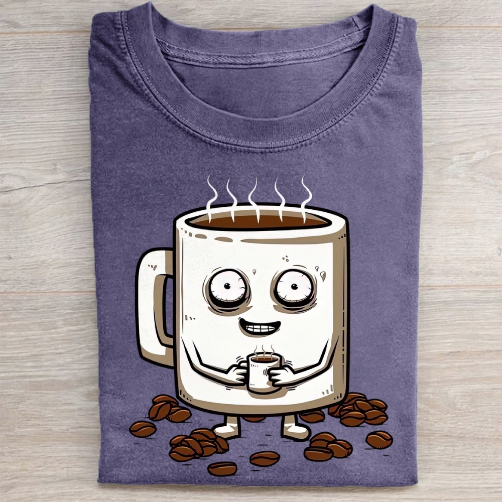 Funny Crazy Coffee Mug Cartoon Washed Tee 