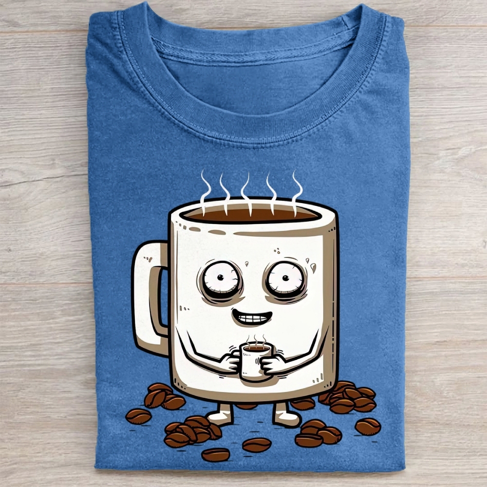 Funny Crazy Coffee Mug Cartoon Washed Tee 