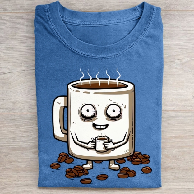 Funny Crazy Coffee Mug Cartoon Washed Tee 