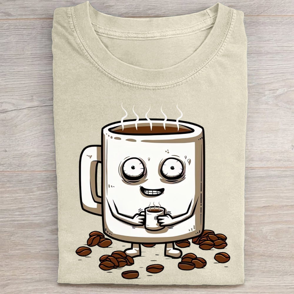 Funny Crazy Coffee Mug Cartoon Washed Tee 