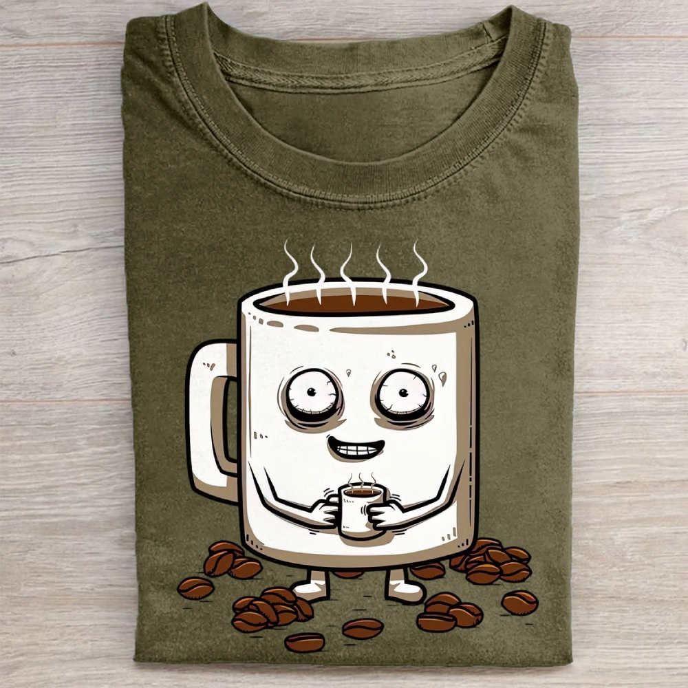 Funny Crazy Coffee Mug Cartoon Washed Tee 