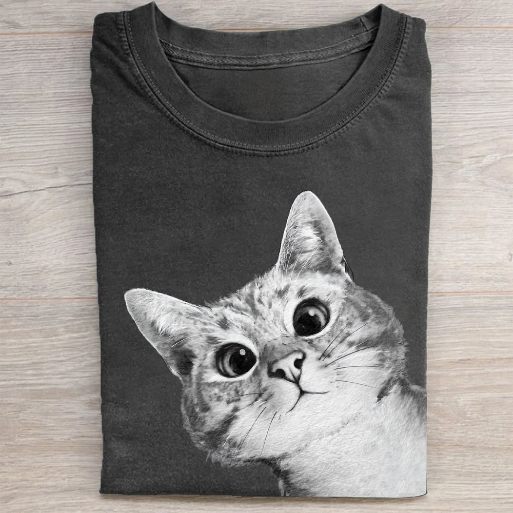 Realistic Cat Face Graphic Washed Tee 