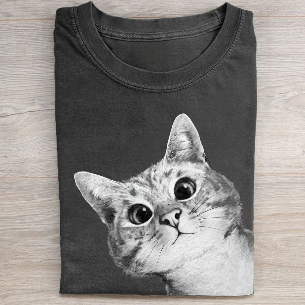 Realistic Cat Face Graphic Washed Tee