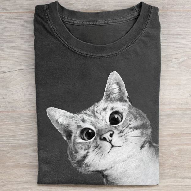 Realistic Cat Face Graphic Washed Tee 
