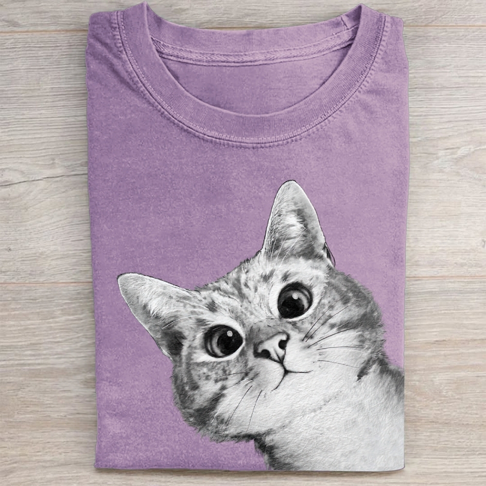 Realistic Cat Face Graphic Washed Tee 