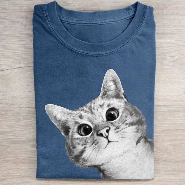 Realistic Cat Face Graphic Washed Tee 