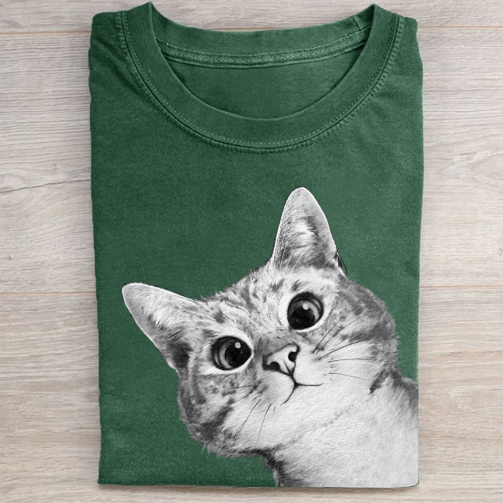 Realistic Cat Face Graphic Washed Tee 