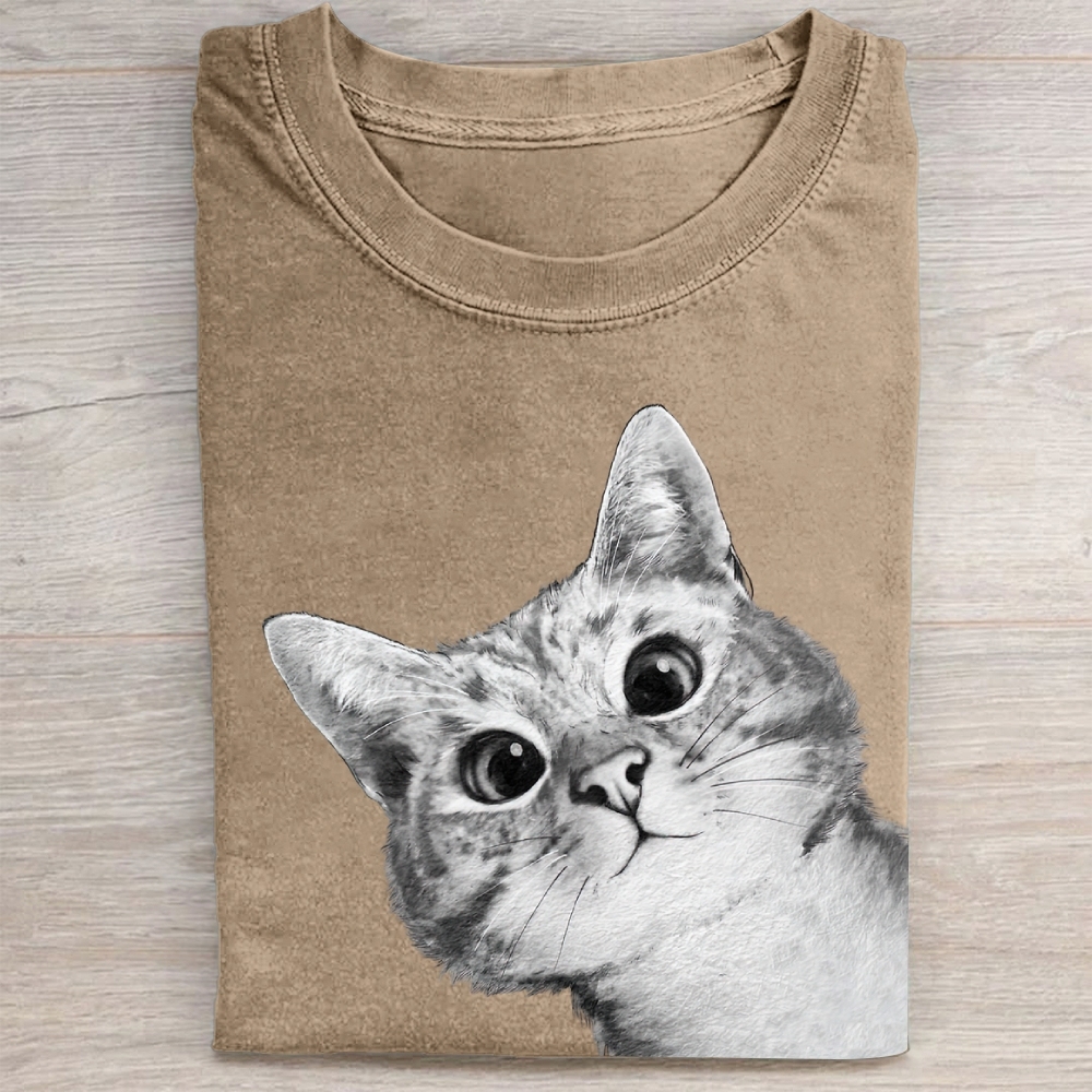 Realistic Cat Face Graphic Washed Tee 