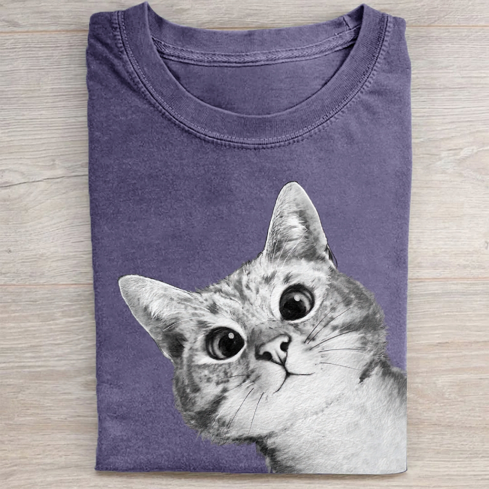 Realistic Cat Face Graphic Washed Tee 