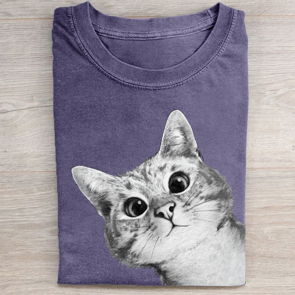 Realistic Cat Face Graphic Washed Tee 
