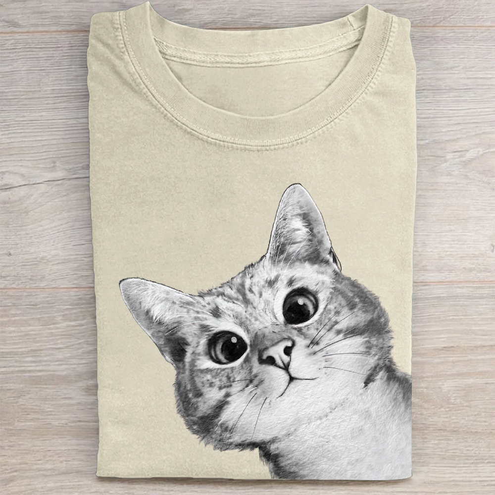 Realistic Cat Face Graphic Washed Tee 