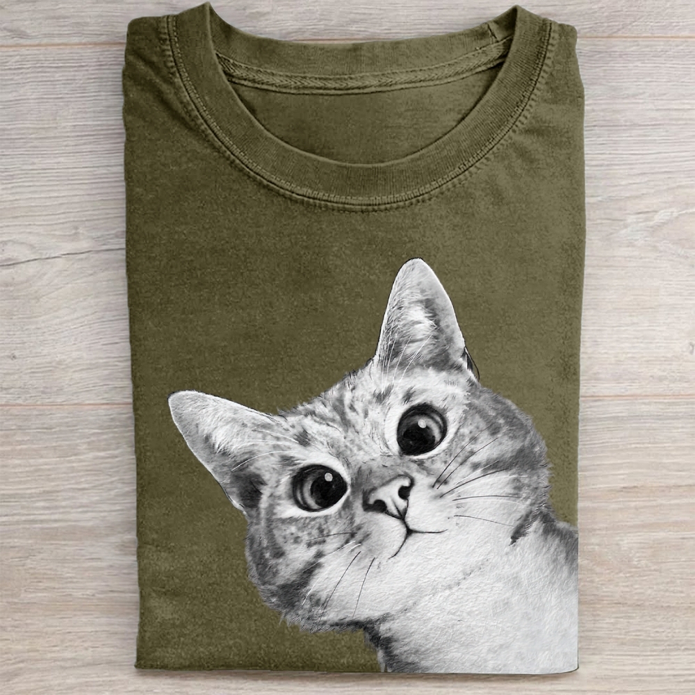 Realistic Cat Face Graphic Washed Tee 