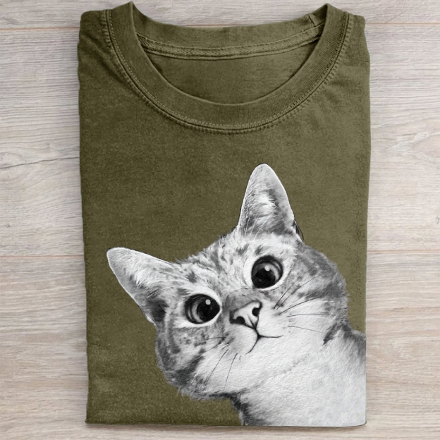 Realistic Cat Face Graphic Washed Tee 