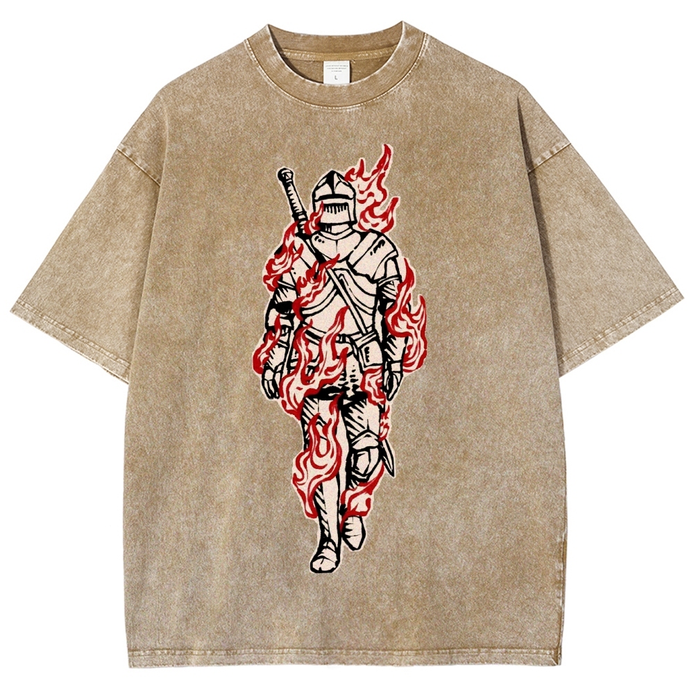 Medieval Knight Flame  Washed T-Shirt 