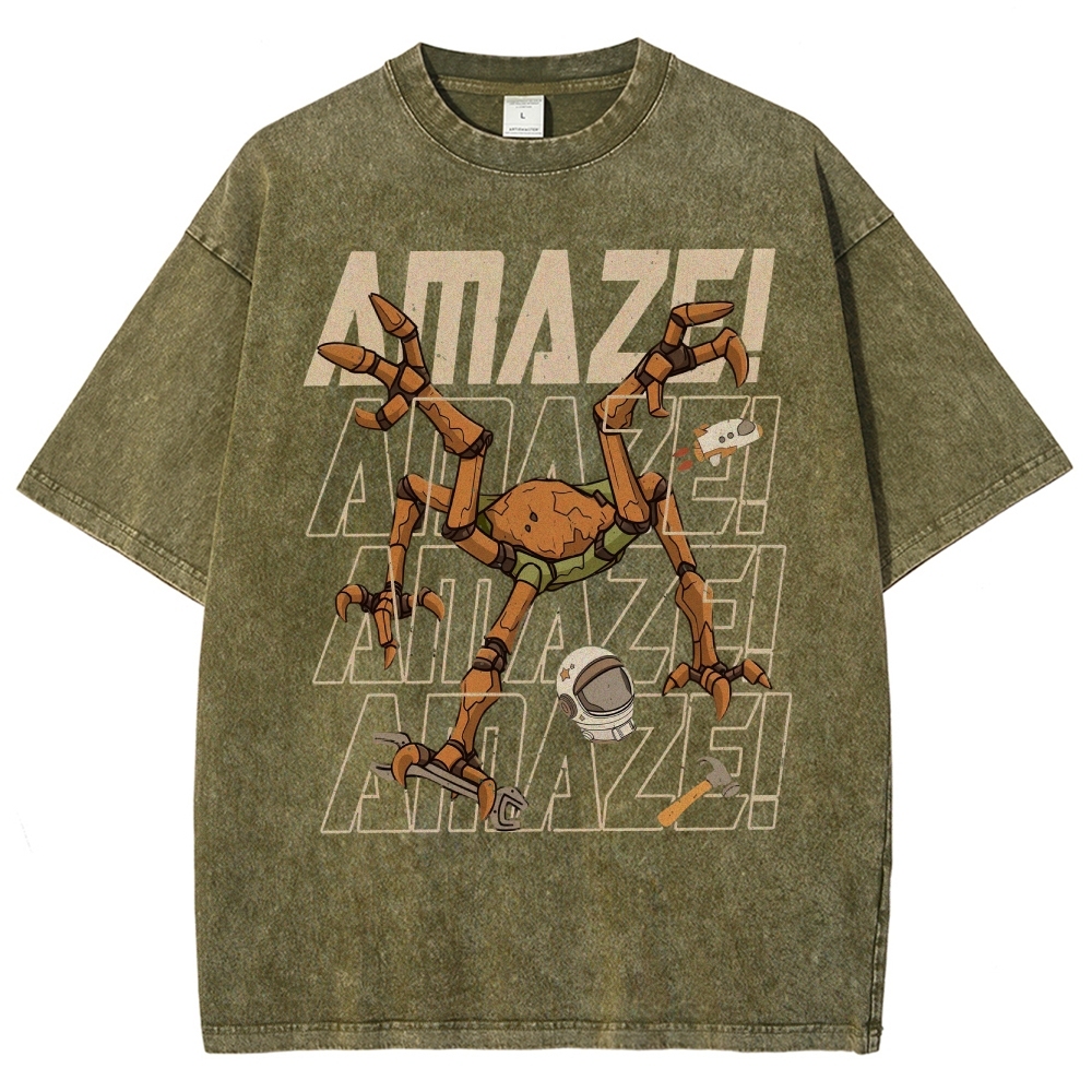 Sci-Fi Robotic Spider Graphic Washed T-Shirt 