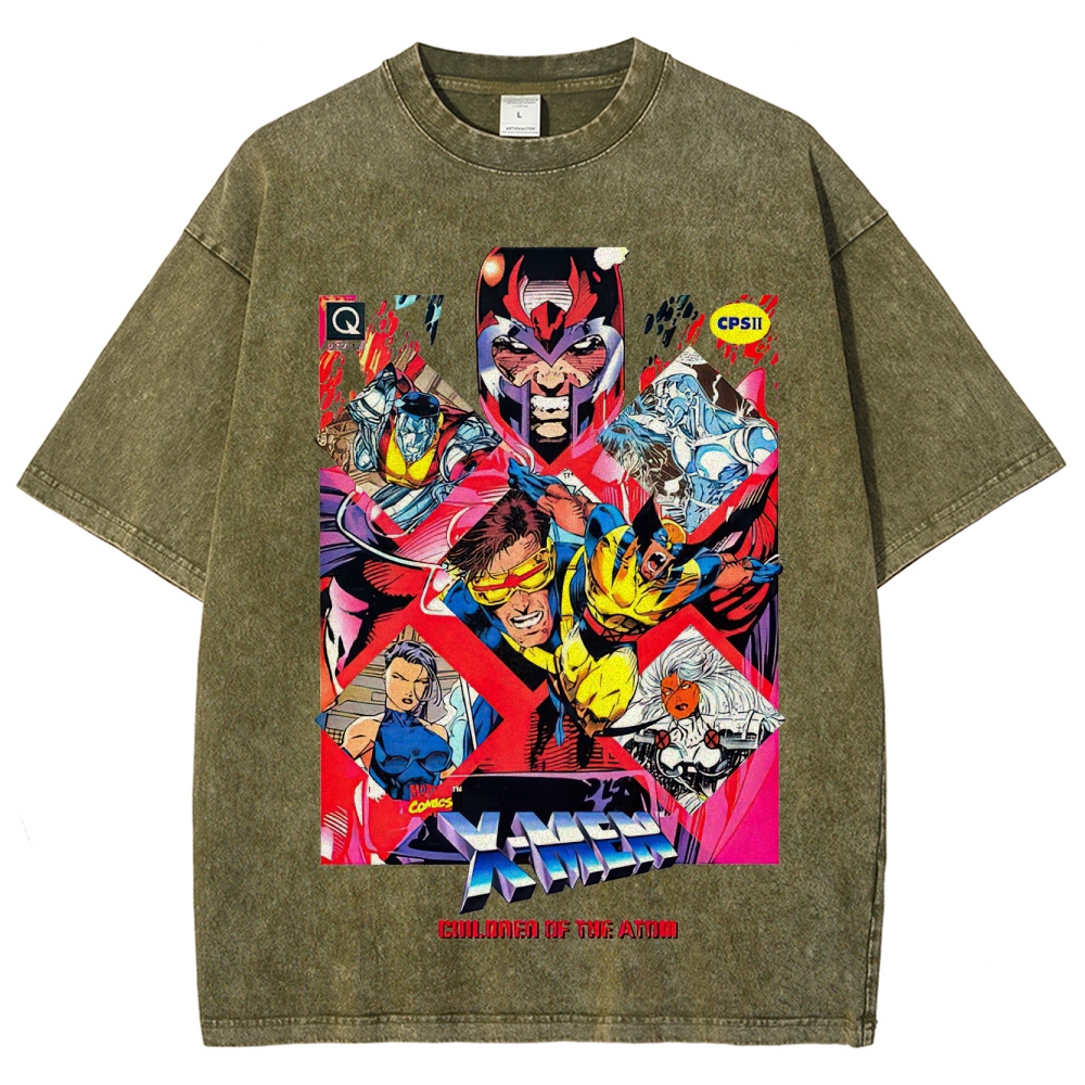 X-Men Superhero Retro Comic Collage Graphic Washed T-Shirt