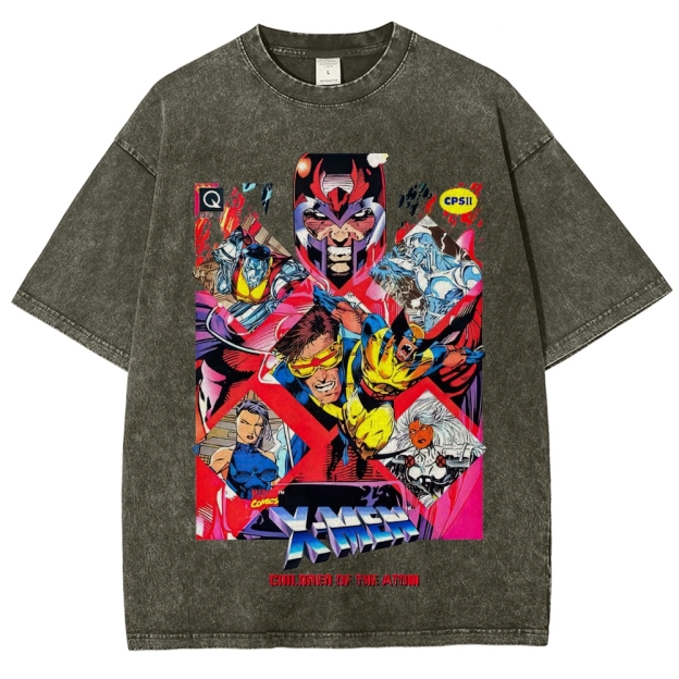 X-Men Superhero Retro Comic Collage Graphic Washed T-Shirt