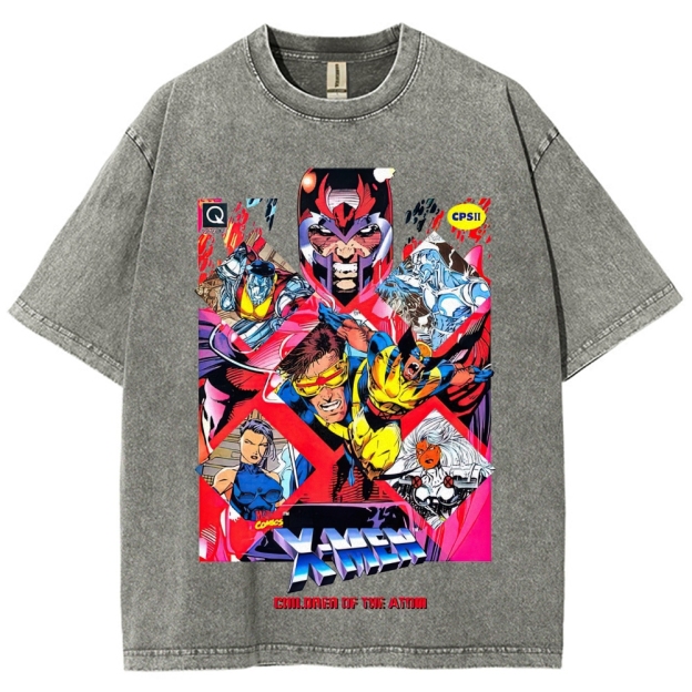 X-Men Superhero Retro Comic Collage Graphic Washed T-Shirt