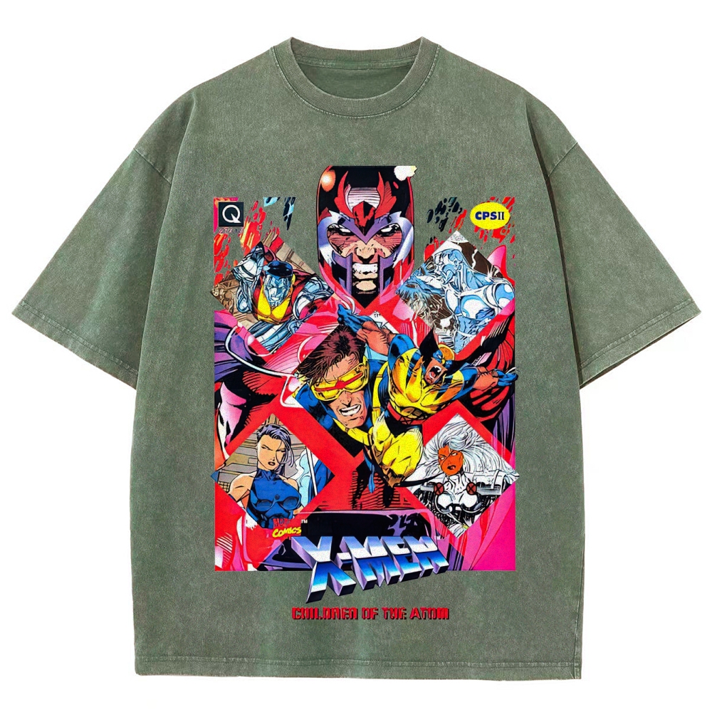 X-Men Superhero Retro Comic Collage Graphic Washed T-Shirt