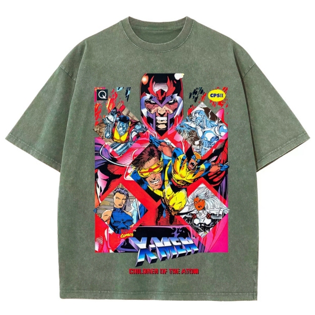 X-Men Superhero Retro Comic Collage Graphic Washed T-Shirt