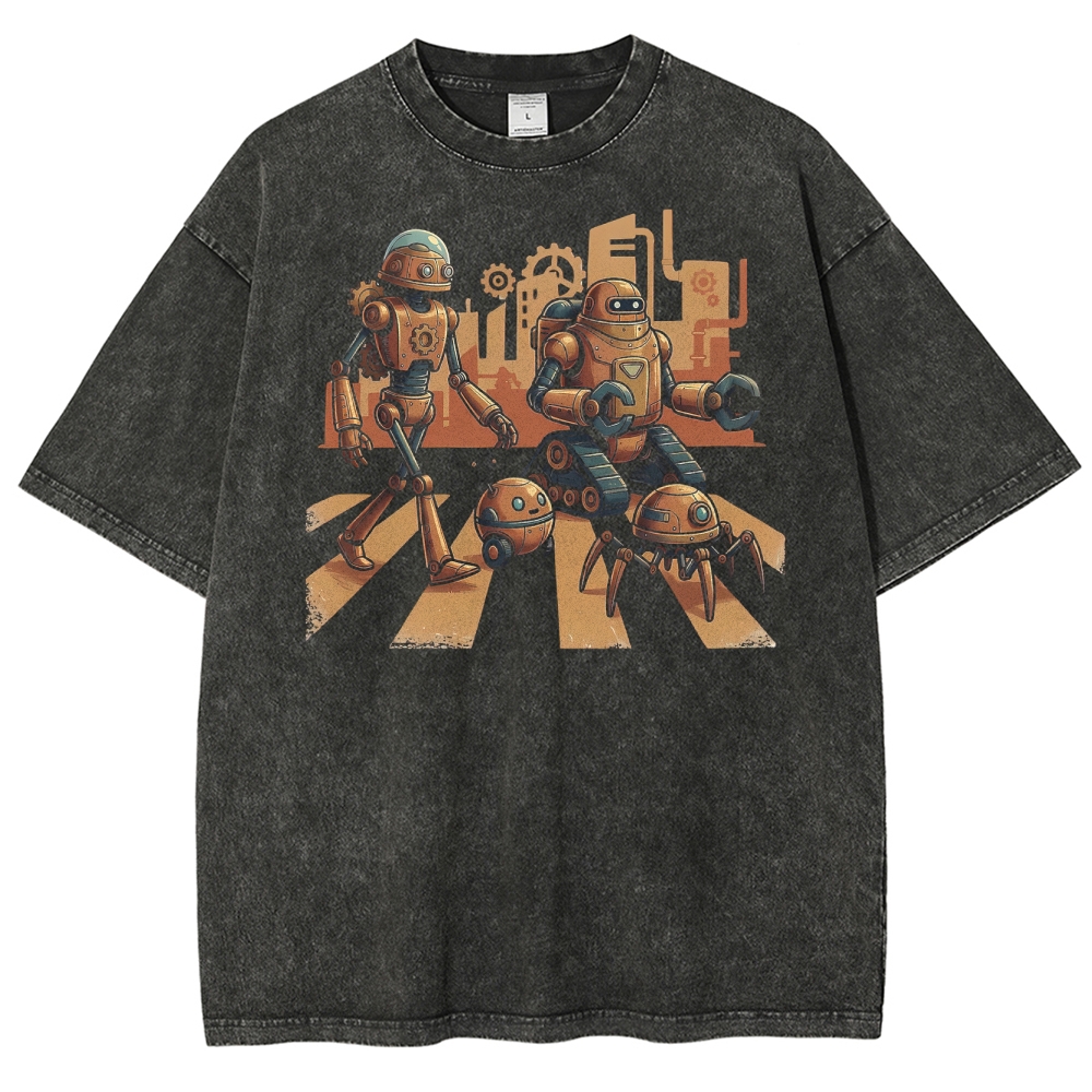 Steampunk Robots Abbey Road Parody Washed T-Shirt