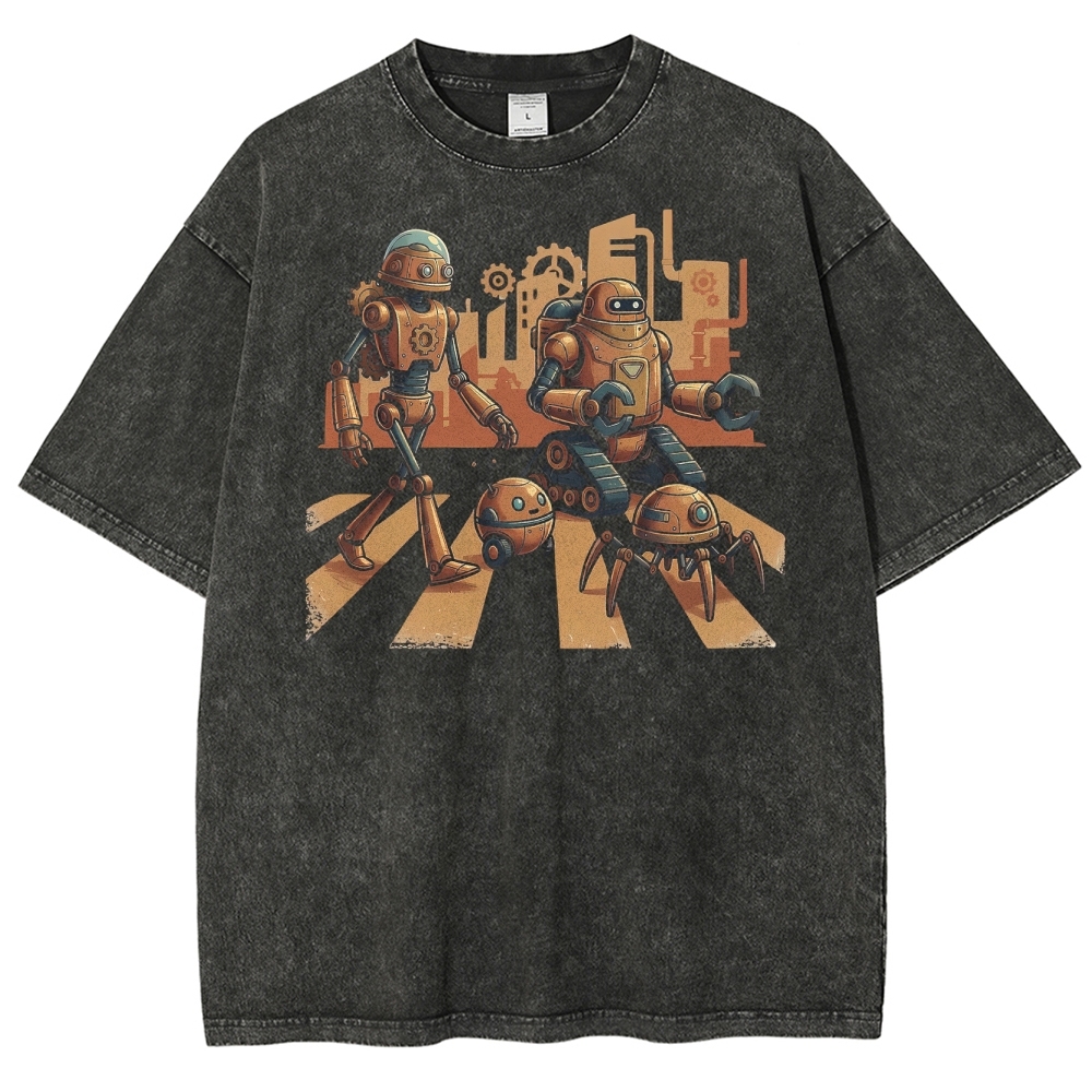 Steampunk Robots Abbey Road Parody Washed T-Shirt
