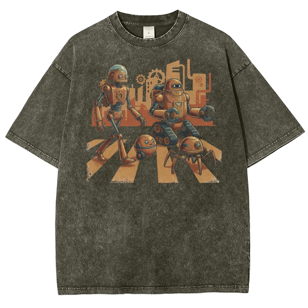 Steampunk Robots Abbey Road Parody Washed T-Shirt