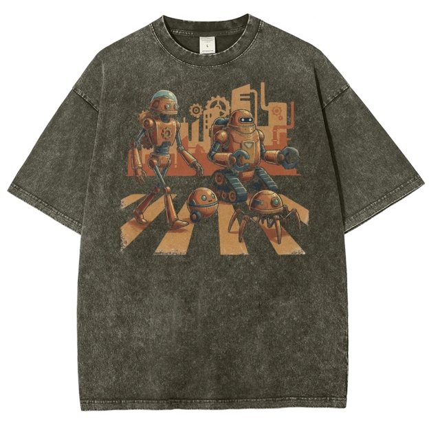 Steampunk Robots Abbey Road Parody Washed T-Shirt