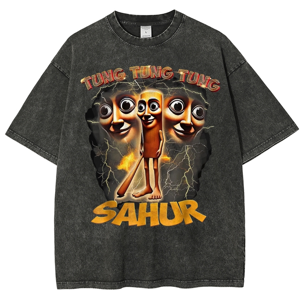 Tung Tung Tung Sahur Cartoon Energy Burst Washed T-Shirt