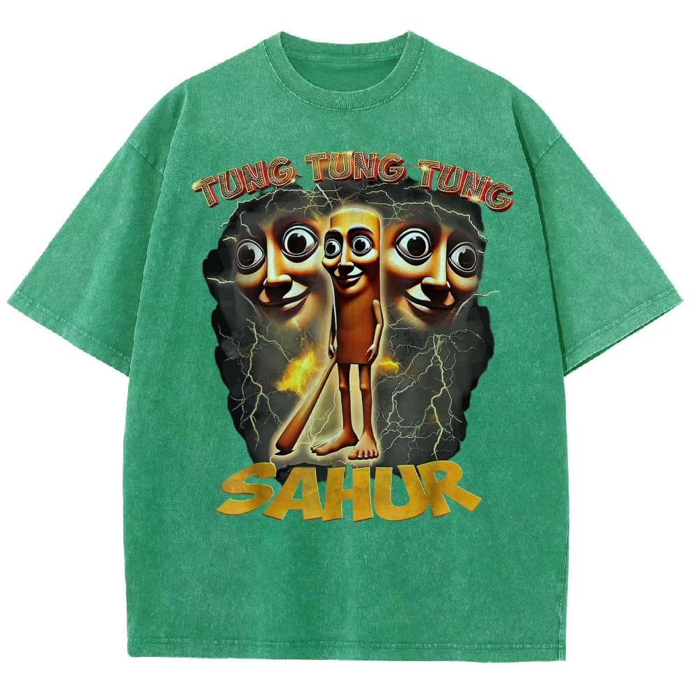 Tung Tung Tung Sahur Cartoon Energy Burst Washed T-Shirt