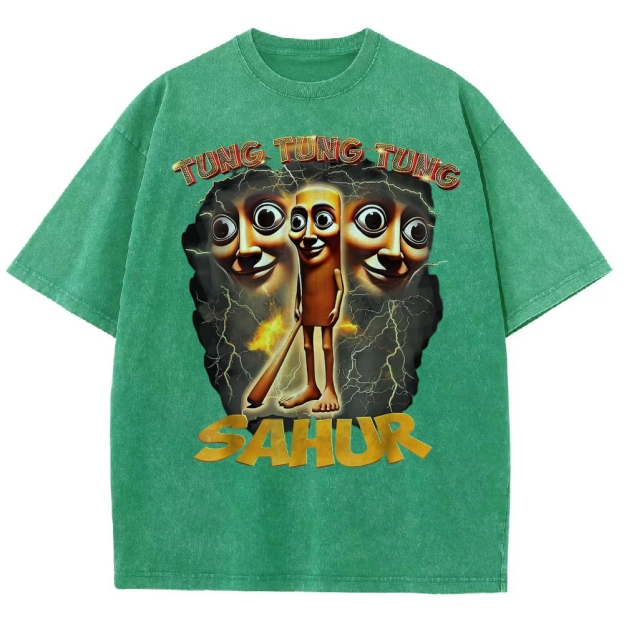 Tung Tung Tung Sahur Cartoon Energy Burst Washed T-Shirt