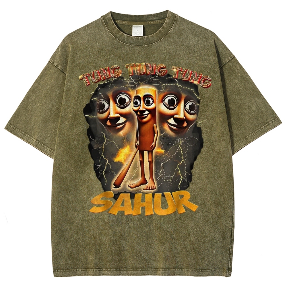 Tung Tung Tung Sahur Cartoon Energy Burst Washed T-Shirt