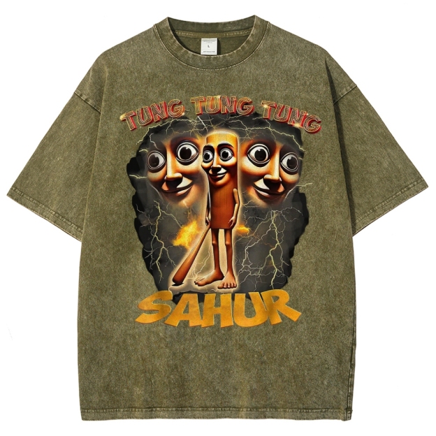 Tung Tung Tung Sahur Cartoon Energy Burst Washed T-Shirt