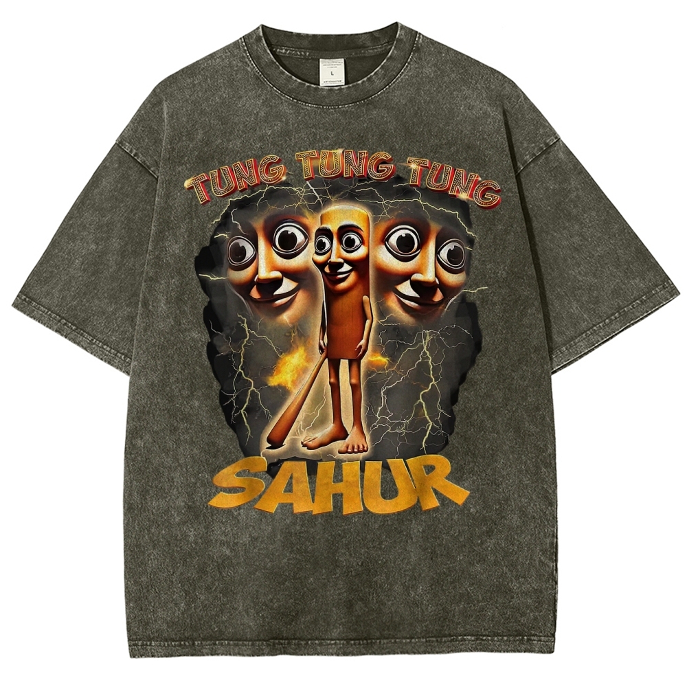Tung Tung Tung Sahur Cartoon Energy Burst Washed T-Shirt