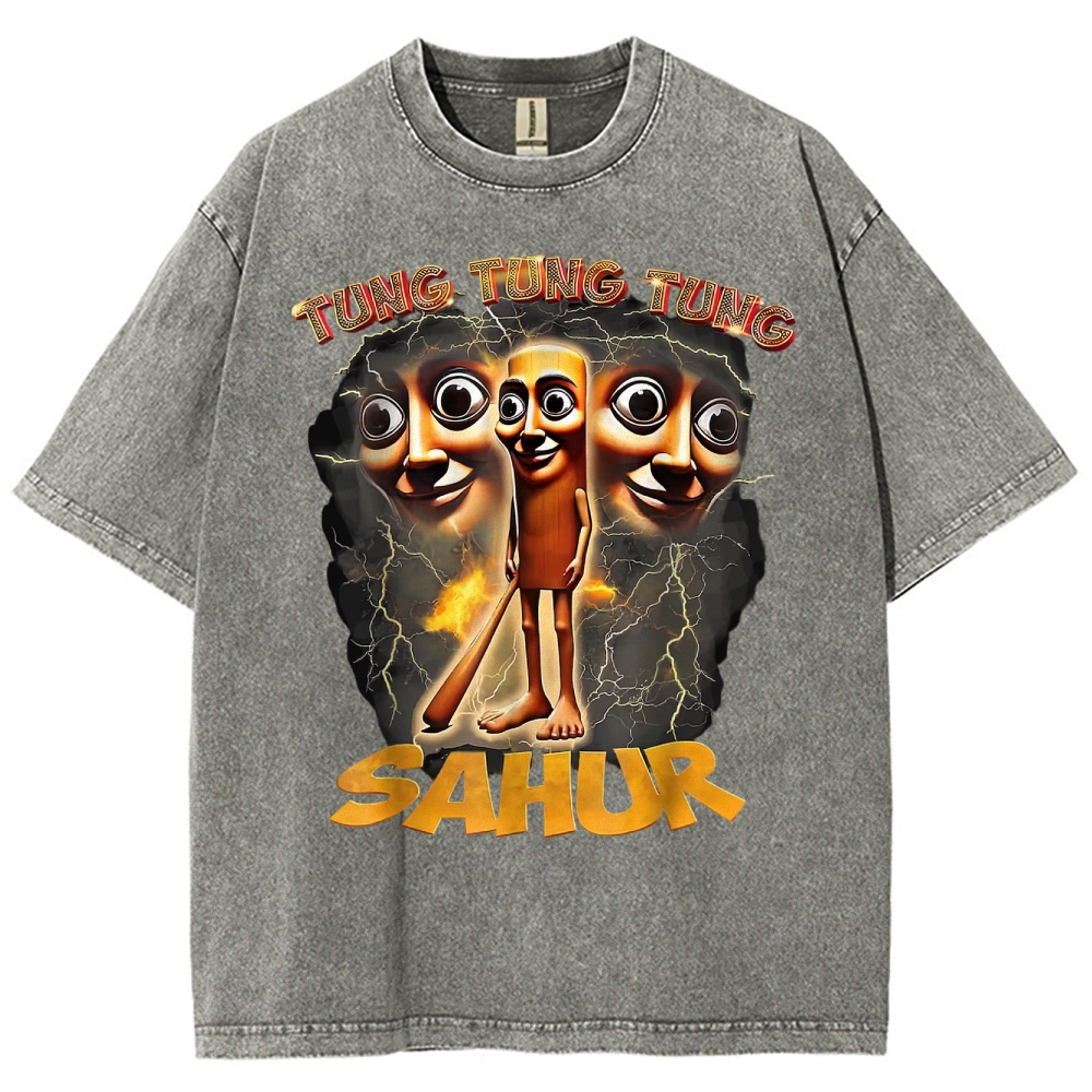 Tung Tung Tung Sahur Cartoon Energy Burst Washed T-Shirt