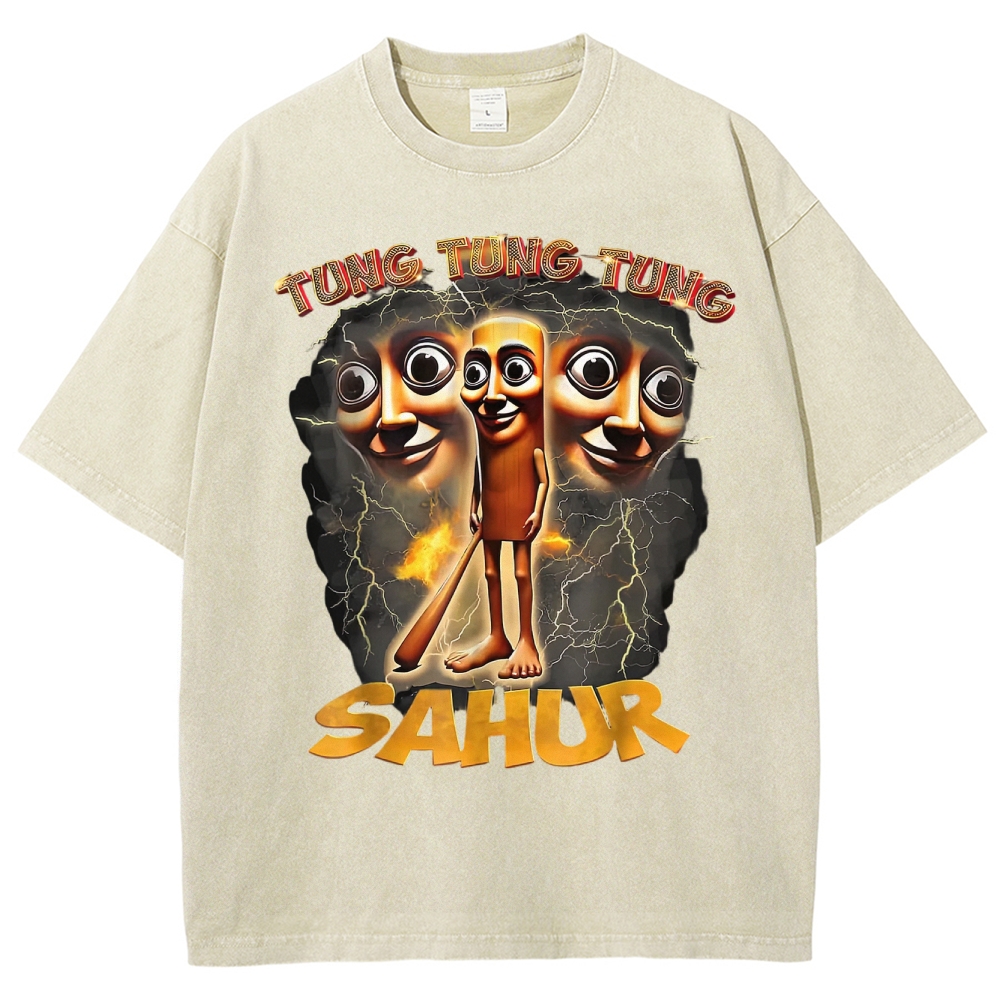 Tung Tung Tung Sahur Cartoon Energy Burst Washed T-Shirt