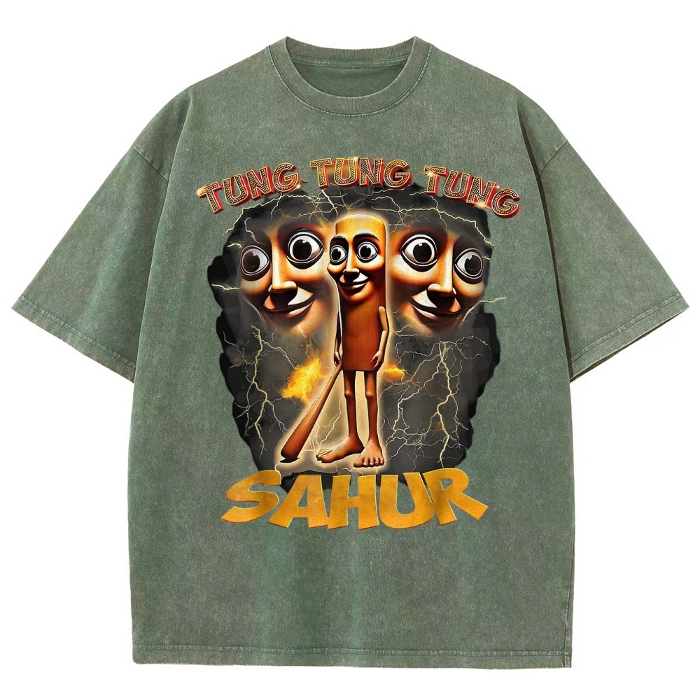 Tung Tung Tung Sahur Cartoon Energy Burst Washed T-Shirt