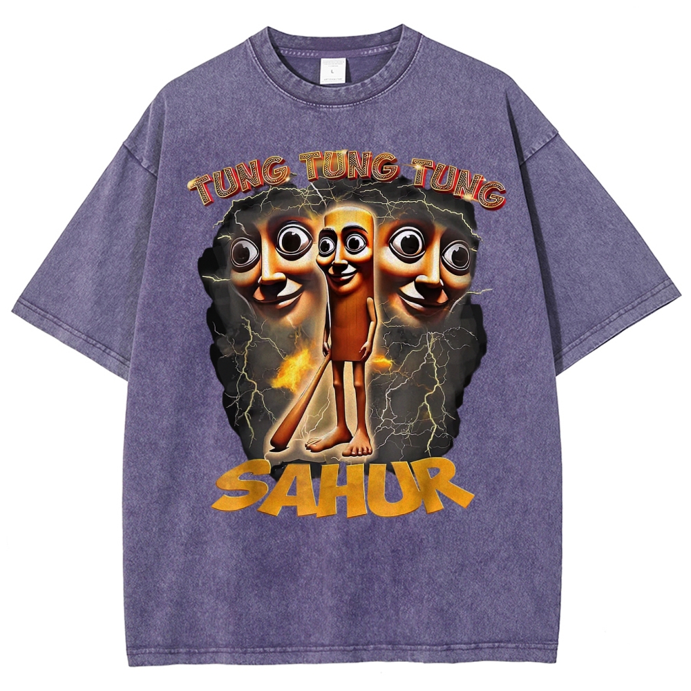 Tung Tung Tung Sahur Cartoon Energy Burst Washed T-Shirt