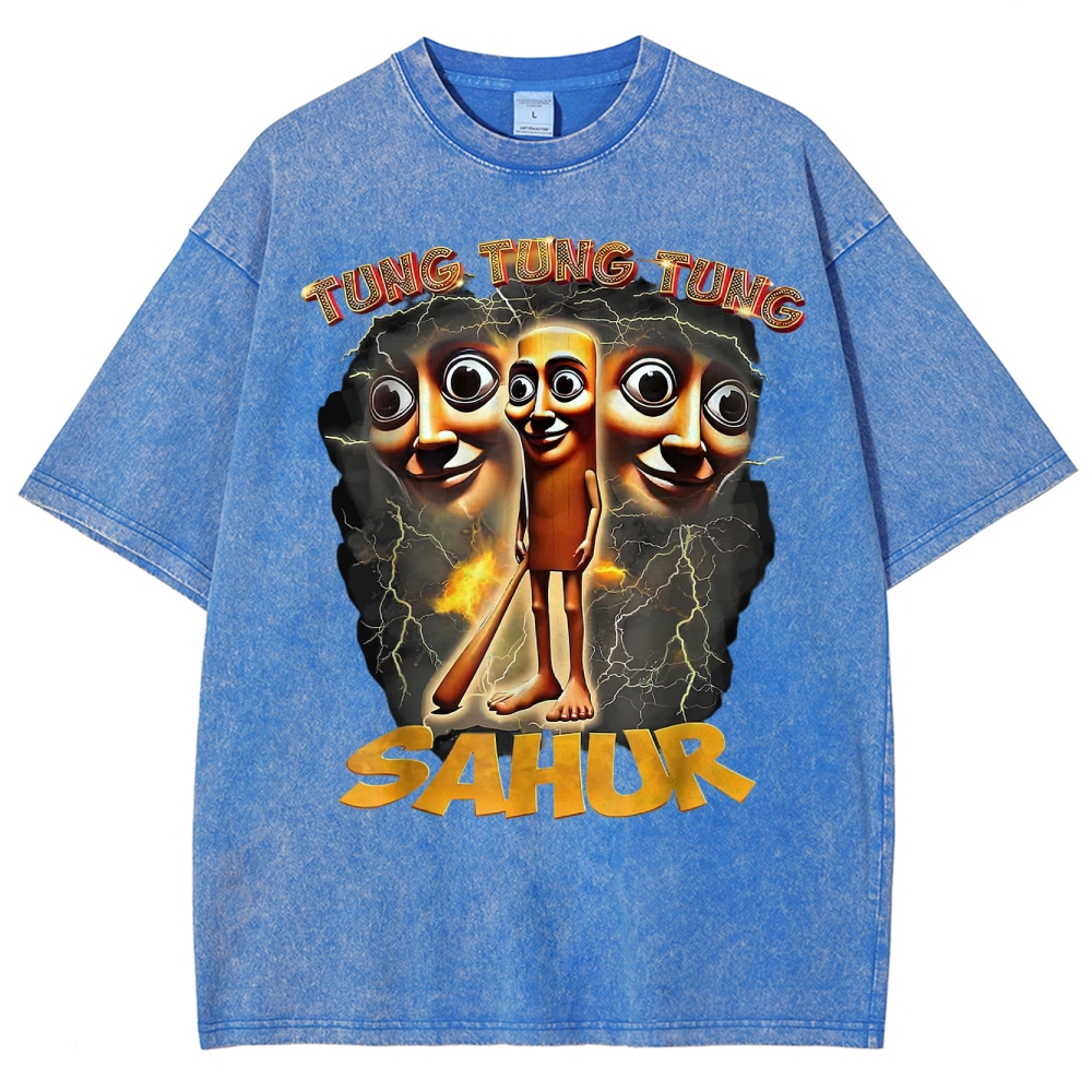 Tung Tung Tung Sahur Cartoon Energy Burst Washed T-Shirt