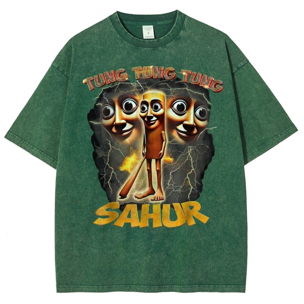 Tung Tung Tung Sahur Cartoon Energy Burst Washed T-Shirt