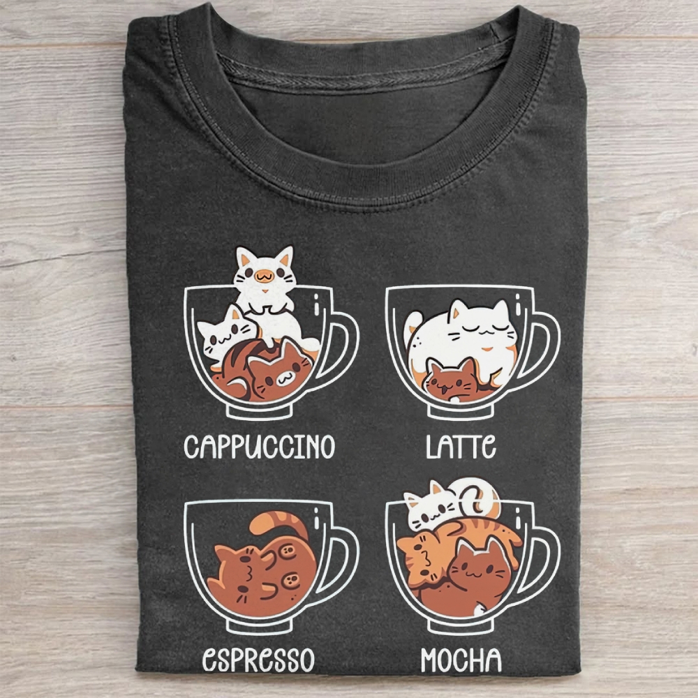 Cute Coffee Cup Cats Cartoon Vintage Washed Tee