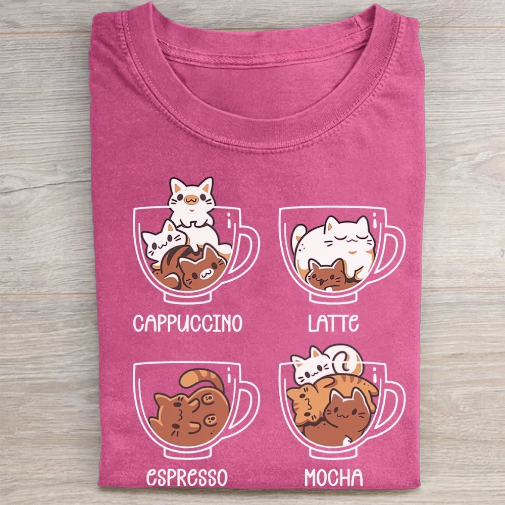 Cute Coffee Cup Cats Cartoon Vintage Washed Tee